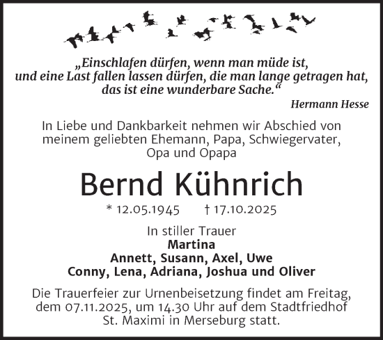 Traueranzeige von Bernd Kühnrich von Trauerkombi Merseburg