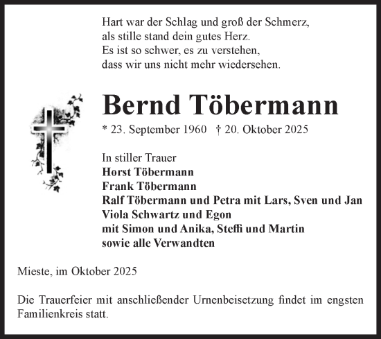 Traueranzeige von Bernd Töbermann von Volksstimme Altmark West