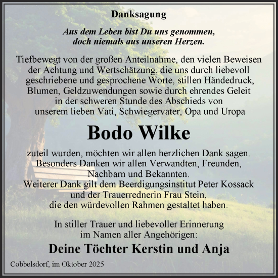 Traueranzeige von Bodo Wilke von Trauerkombi Wittenberg