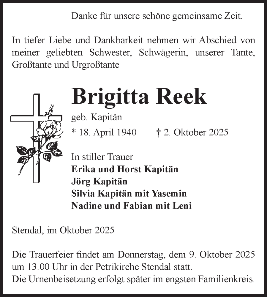  Traueranzeige für Brigitta Reek vom 07.10.2025 aus Volksstimme Altmark Ost