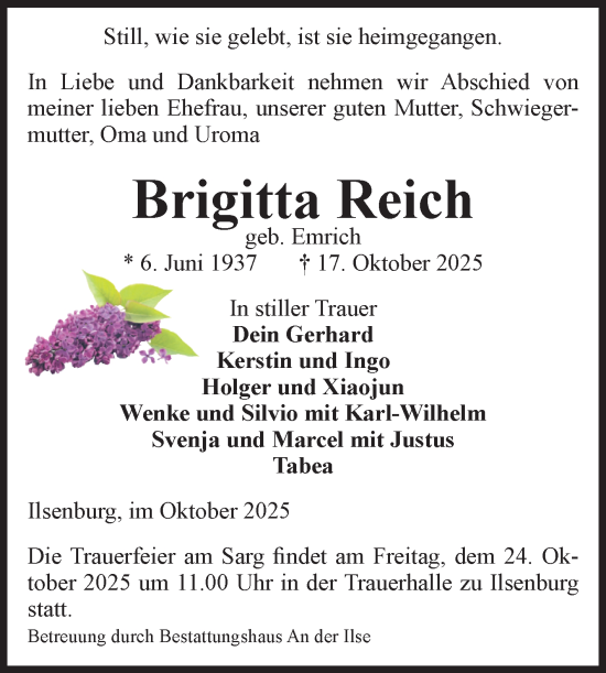 Traueranzeige von Brigitta Reich von Volksstimme Wernigerode