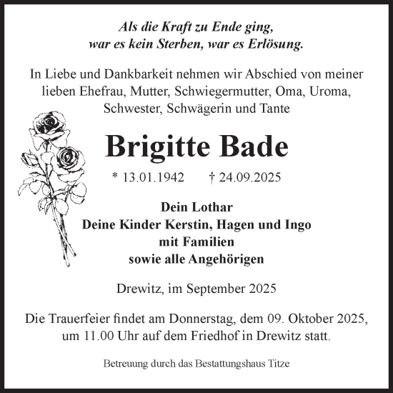 Traueranzeige von Brigitte Bade von Volksstimme Burg/Genthin