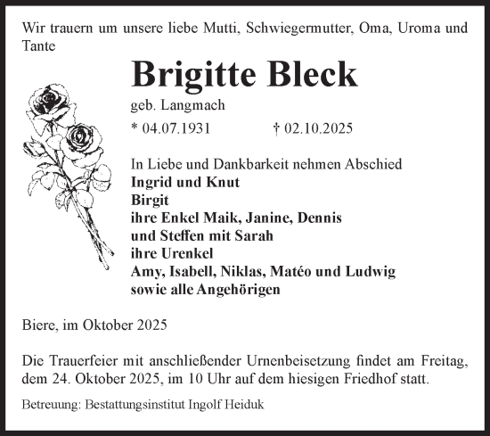 Traueranzeige von Brigitte Bleck von Volksstimme Schönebeck