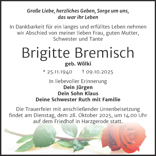 Traueranzeige von Brigitte Bremisch von Trauerkombi Quedlinburg