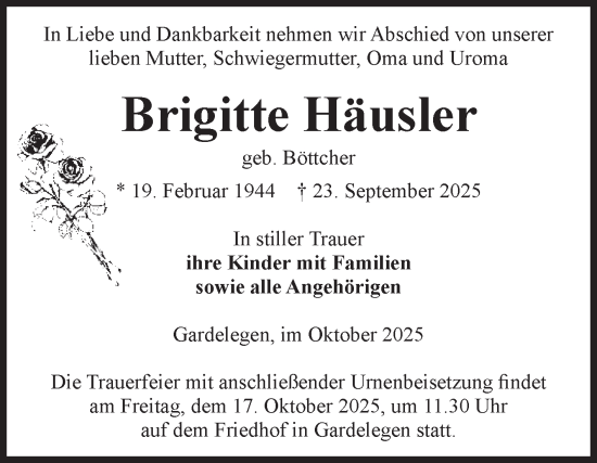 Traueranzeige von Brigitte Häusler von Volksstimme Altmark West
