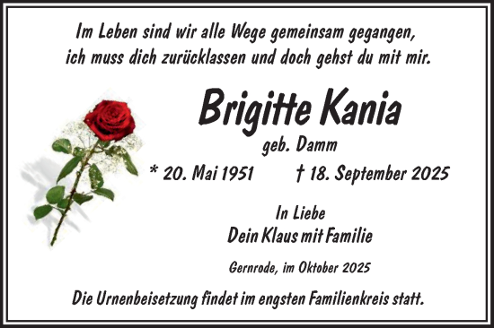 Traueranzeige von Brigitte Kania von Trauerkombi Quedlinburg