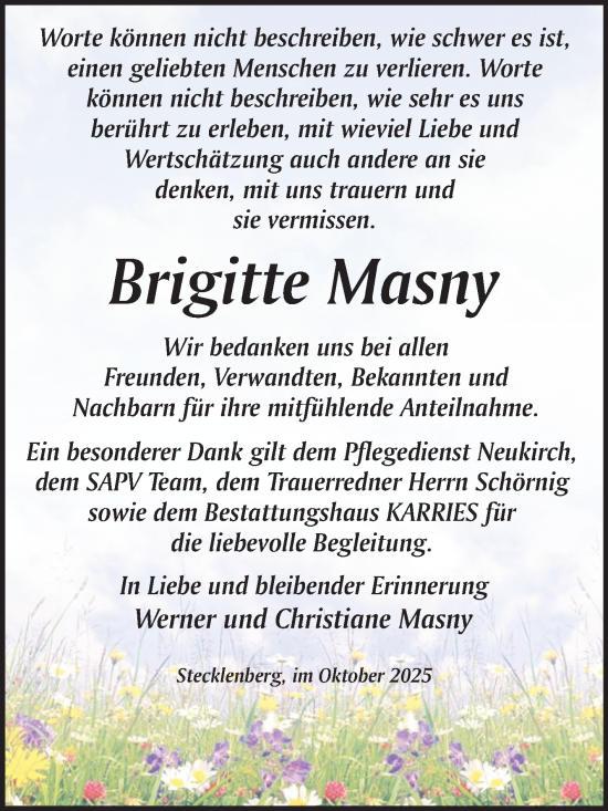 Traueranzeige von Brigitte Masny von Trauerkombi Quedlinburg
