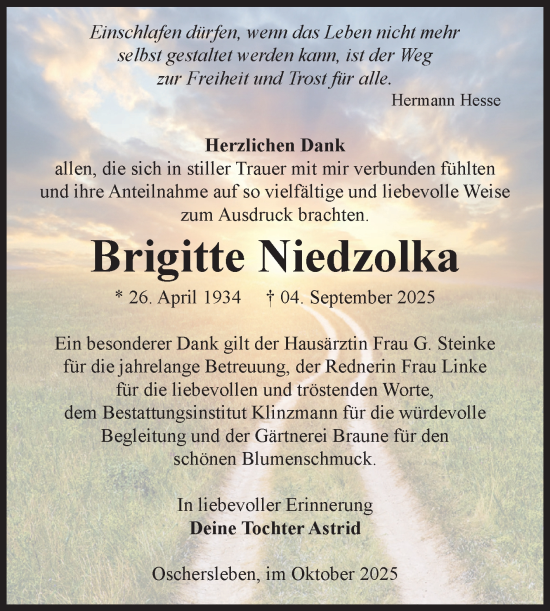 Traueranzeige von Brigitte Niedzolka von Volksstimme Oschersleben/Wanzleben