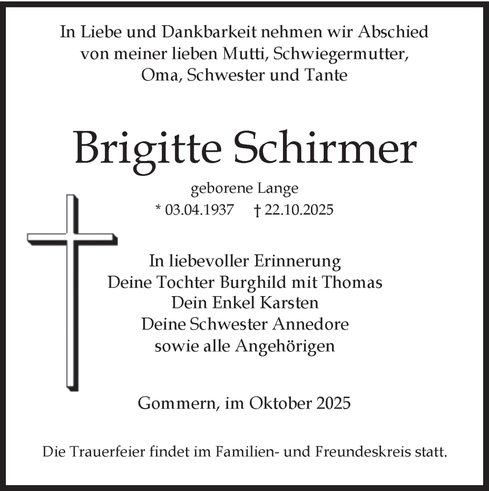 Traueranzeige für Brigitte Schirmer vom 25.10.2025 aus Volksstimme Burg/Genthin