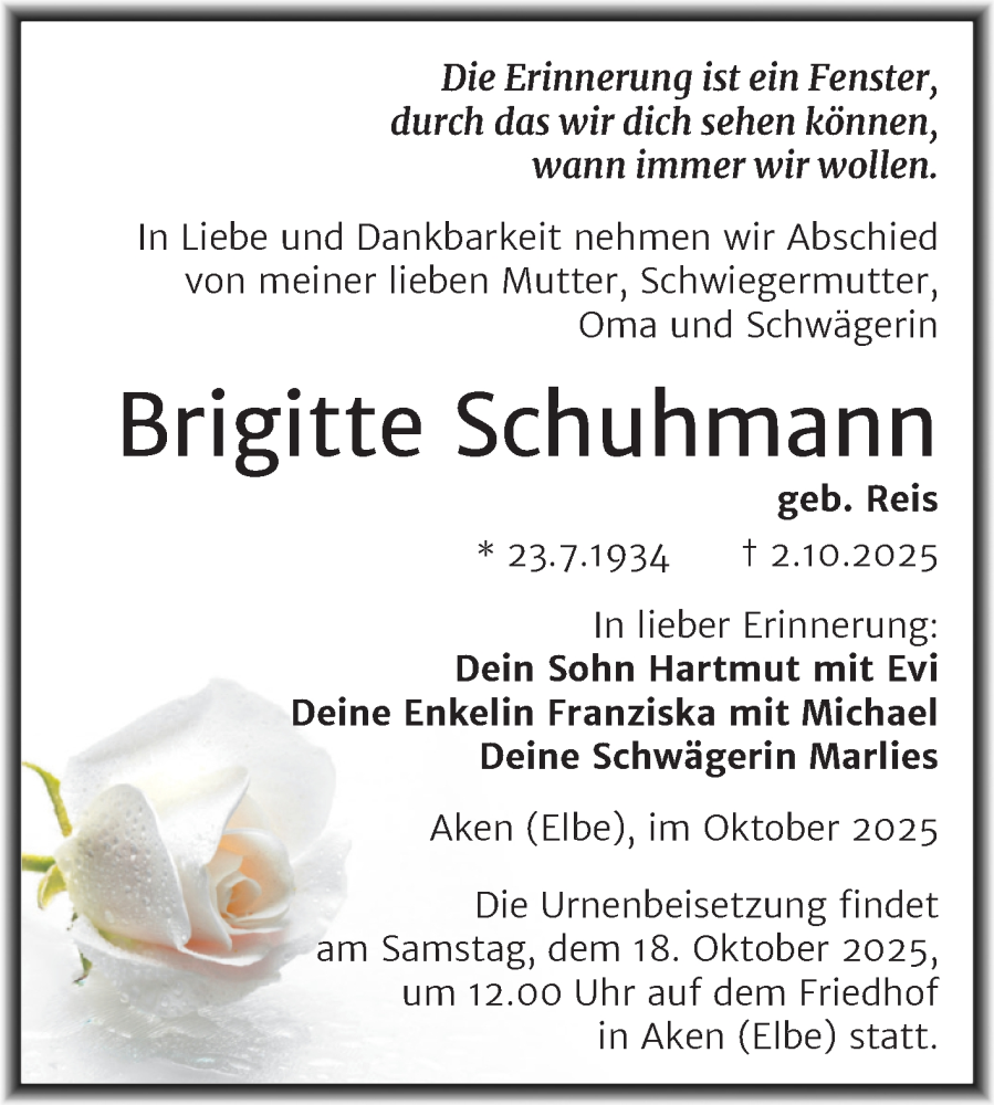 Traueranzeige für Brigitte Schuhmann vom 07.10.2025 aus Trauerkombi Köthen