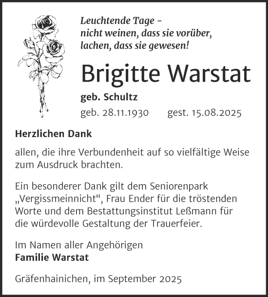 Traueranzeige von Brigitte Warstat von Trauerkombi Wittenberg