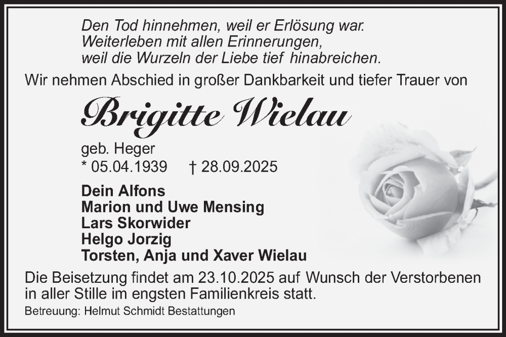  Traueranzeige für Brigitte Wielau vom 18.10.2025 aus Volksstimme Magdeburg