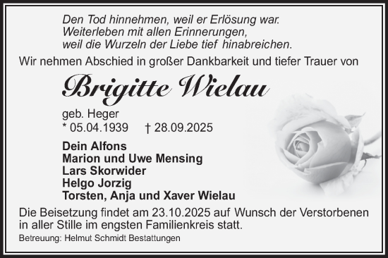 Traueranzeige von Brigitte Wielau von Volksstimme Magdeburg