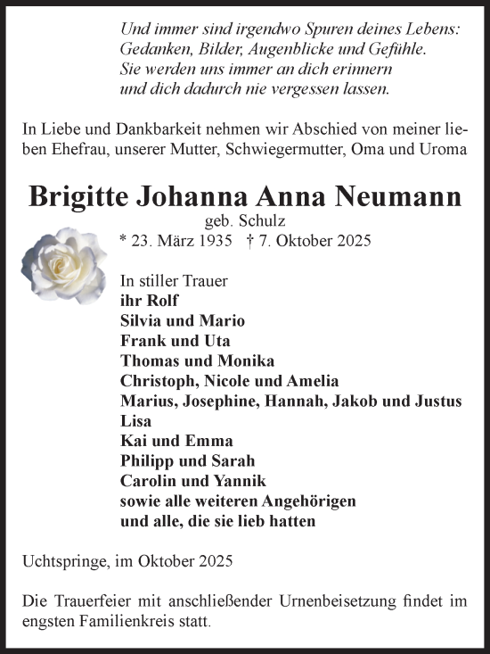 Traueranzeige von Brigitte Johanna Anna Neumann von Volksstimme Altmark Ost