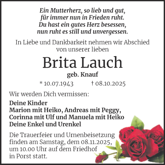 Traueranzeige von Brita Lauch von Trauerkombi Köthen
