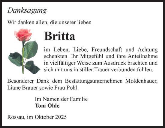 Traueranzeige von Britta  von Volksstimme Altmark Ost