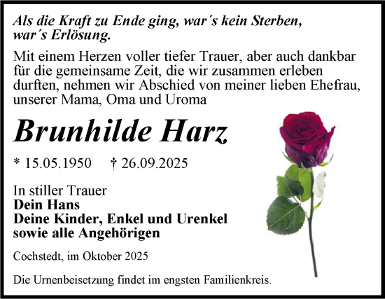 Traueranzeige von Brunhilde Harz von Trauerkombi Aschersleben