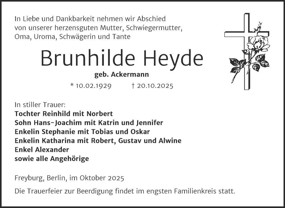  Traueranzeige für Brunhilde Heyde vom 25.10.2025 aus Naumburger Tageblatt