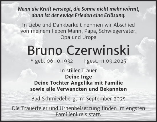 Traueranzeige von Bruno Czerwinski von Trauerkombi Wittenberg