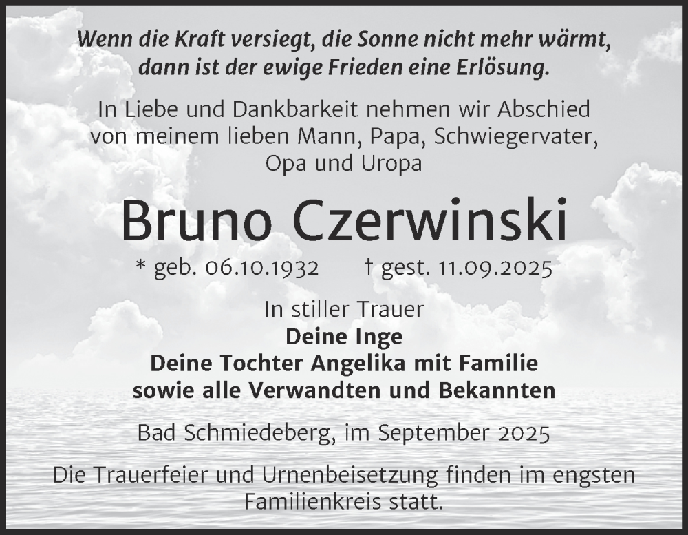  Traueranzeige für Bruno Czerwinski vom 04.10.2025 aus Trauerkombi Wittenberg