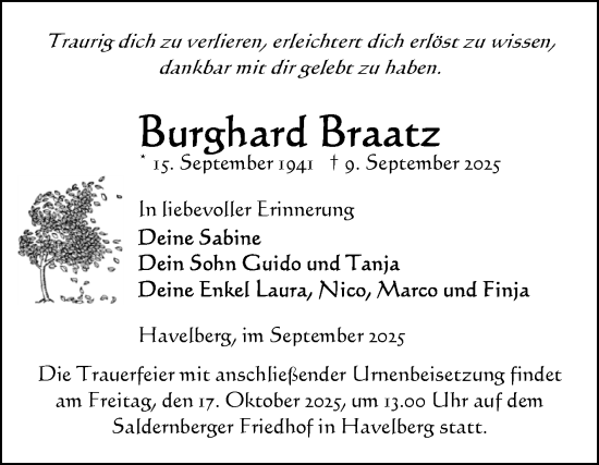 Traueranzeige von Burghard Braatz von Volksstimme Altmark Ost