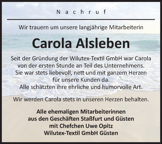 Traueranzeige von Carola Alsleben von Volksstimme Staßfurt