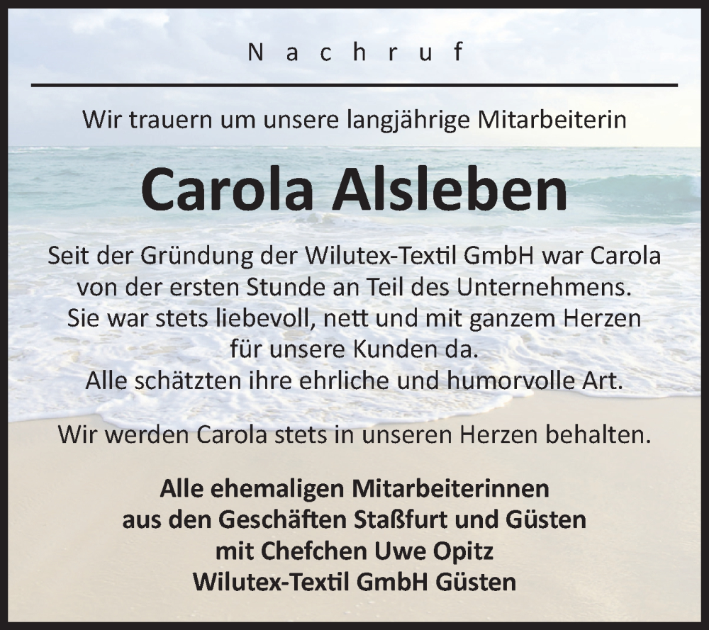  Traueranzeige für Carola Alsleben vom 04.10.2025 aus Volksstimme Staßfurt