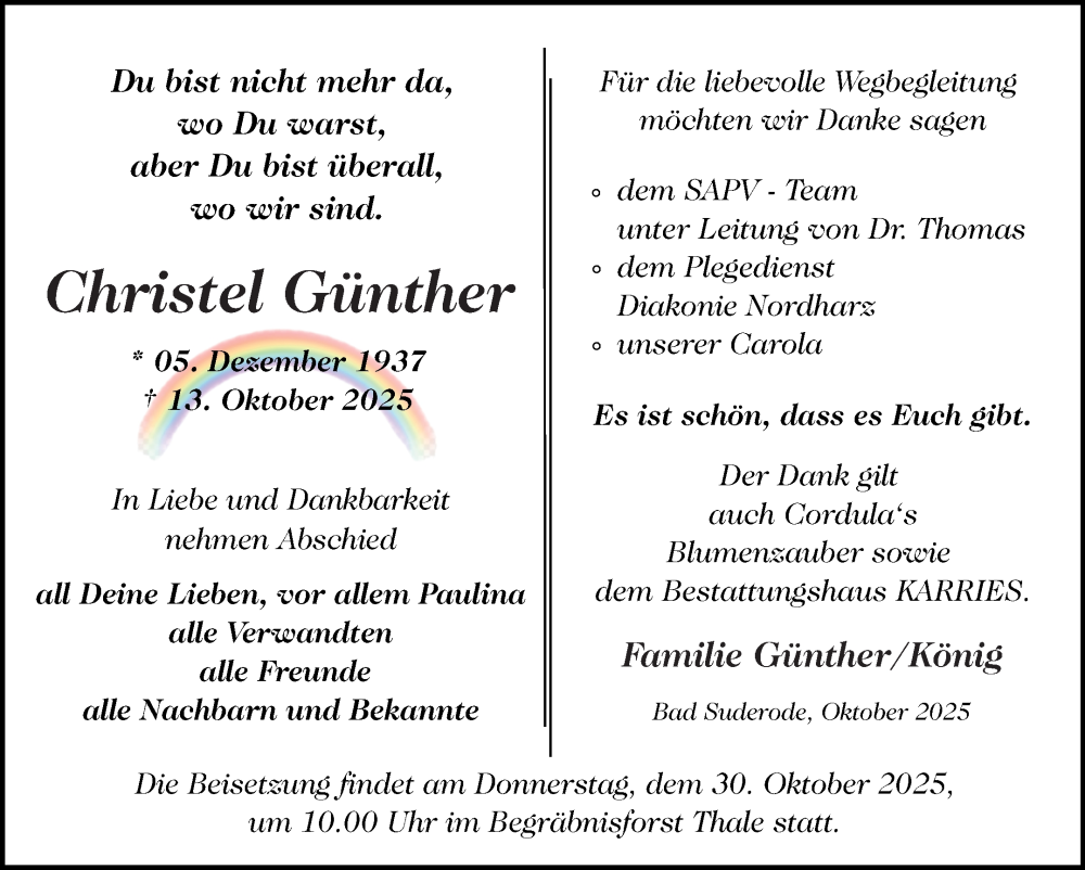  Traueranzeige für Carola Günther vom 25.10.2025 aus Trauerkombi Quedlinburg