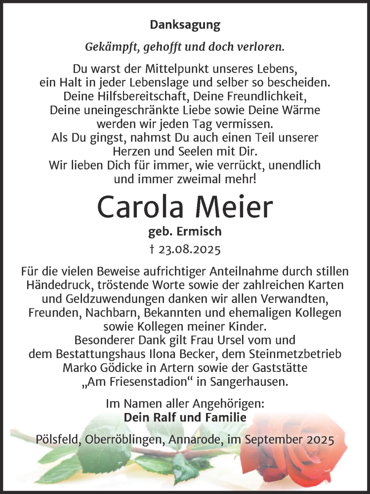  Traueranzeige für Carola Meier vom 11.10.2025 aus Trauerkombi Sangerhausen