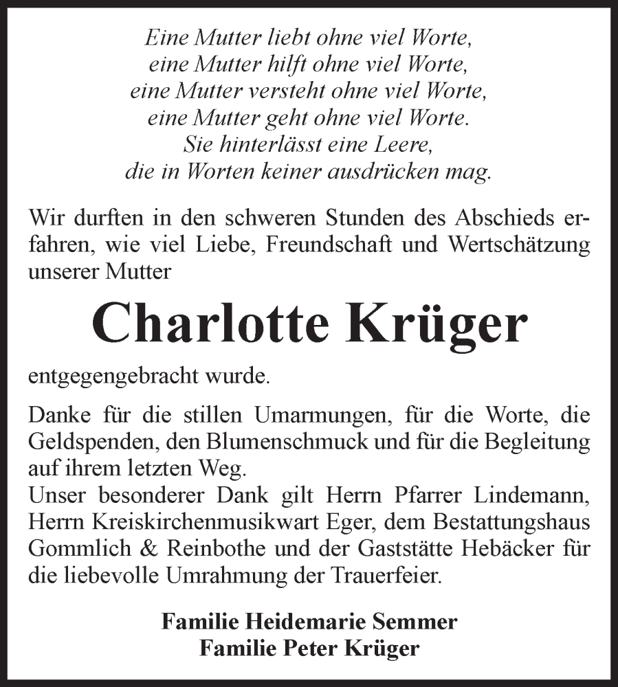  Traueranzeige für Charlotte Krüger vom 18.10.2025 aus Volksstimme Zerbst