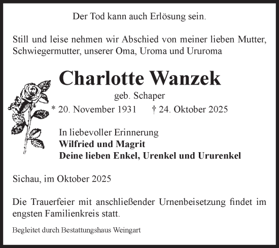Traueranzeige von Charlotte Wanzek von Volksstimme Altmark West