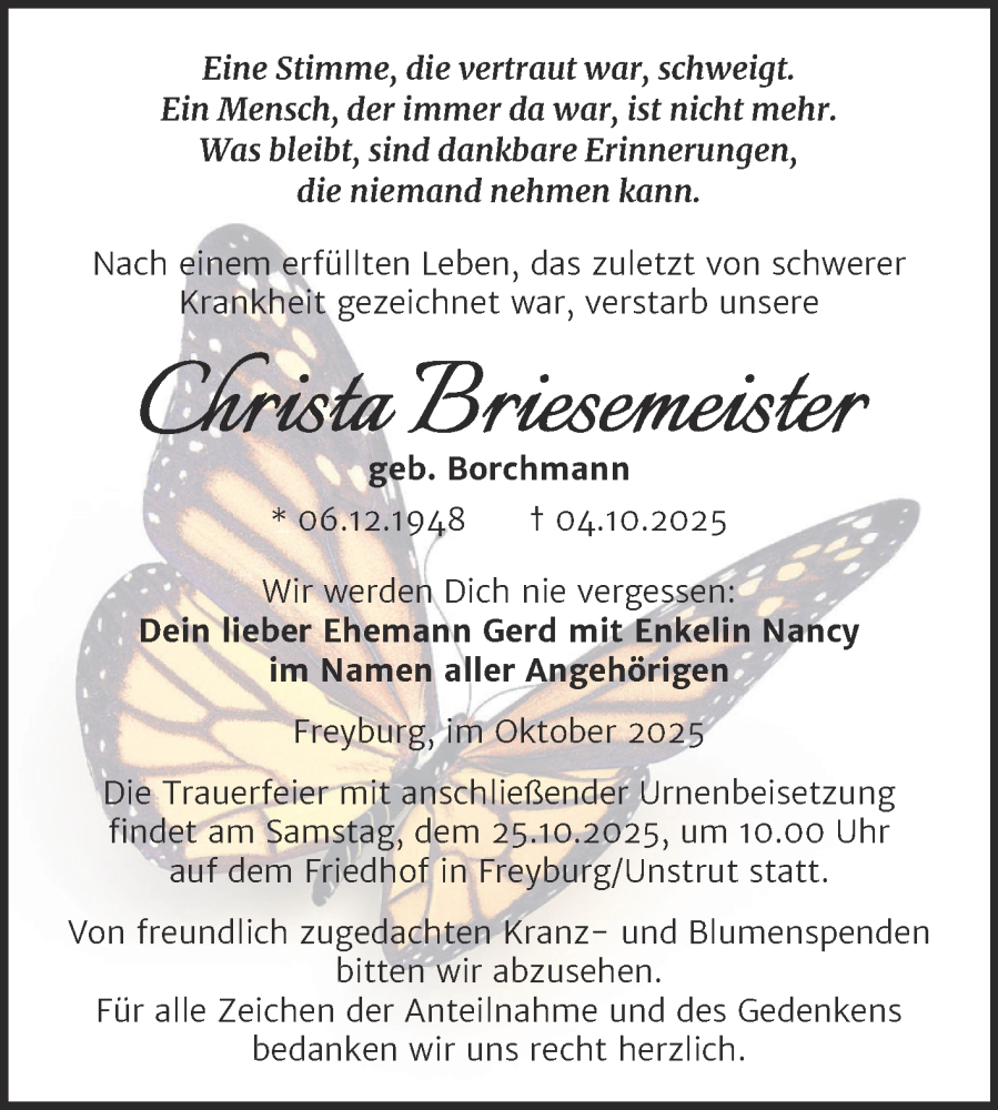  Traueranzeige für Christa Briesemeister vom 23.10.2025 aus Naumburger Tageblatt