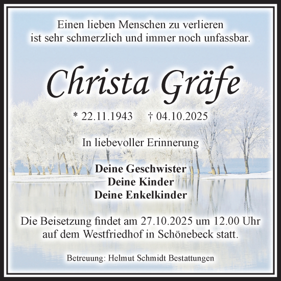 Traueranzeige von Christa Gräfe von Volksstimme Schönebeck