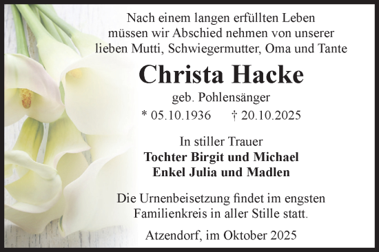 Traueranzeige von Christa Hacke von Volksstimme Staßfurt