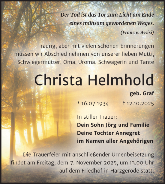 Traueranzeige von Christa Helmhold von Trauerkombi Quedlinburg