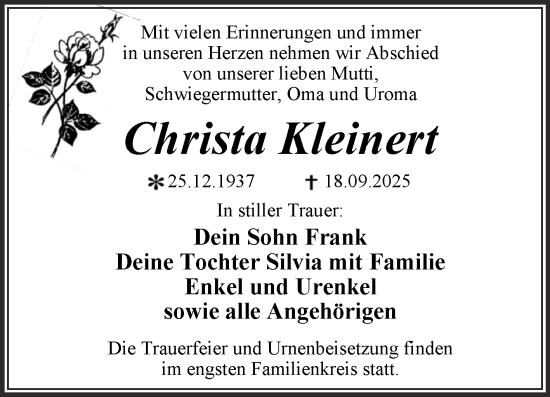 Traueranzeige von Christa Kleinert von Trauerkombi Dessau