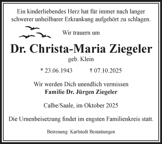 Traueranzeige von Christa-Maria Ziegeler von Volksstimme Schönebeck