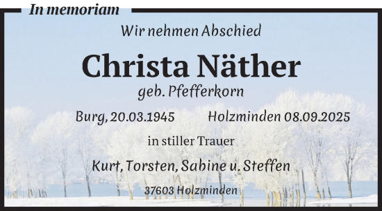 Traueranzeige von Christa Näther von Volksstimme Burg/Genthin