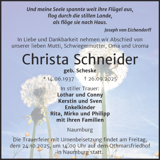 Traueranzeige von Christa Schneider von Super Sonntag Naumburg/Nebra