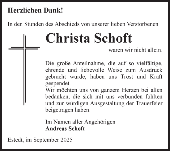 Traueranzeige von Christa Schoft von Volksstimme Altmark West