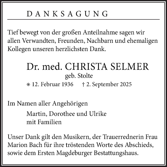 Traueranzeige von Christa Selmer von Volksstimme Magdeburg