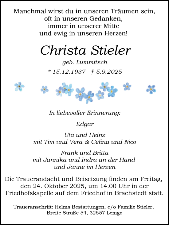 Traueranzeige von Christa Stieler von Mitteldeutsche Zeitung Halle/Saalkreis