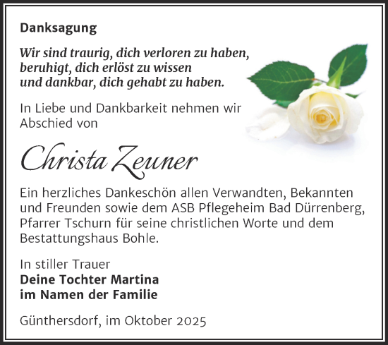 Traueranzeige von Christa Zeuner von Trauerkombi Merseburg