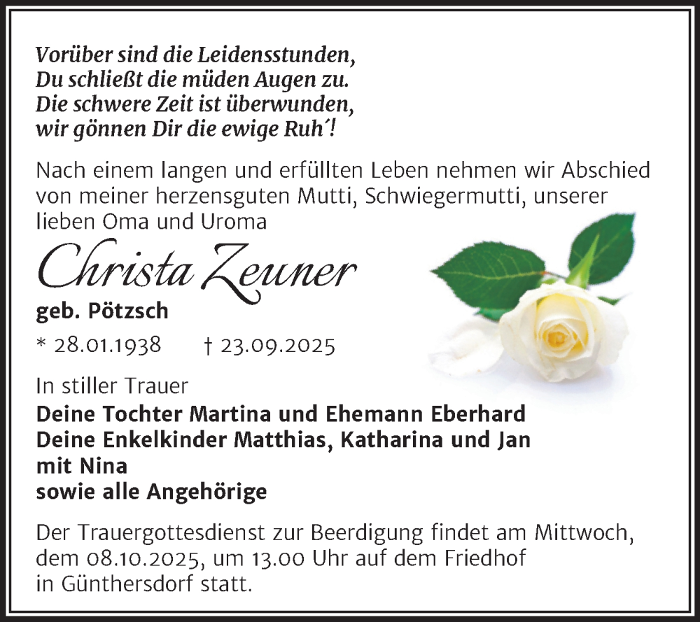  Traueranzeige für Christa Zeuner vom 04.10.2025 aus Trauerkombi Merseburg