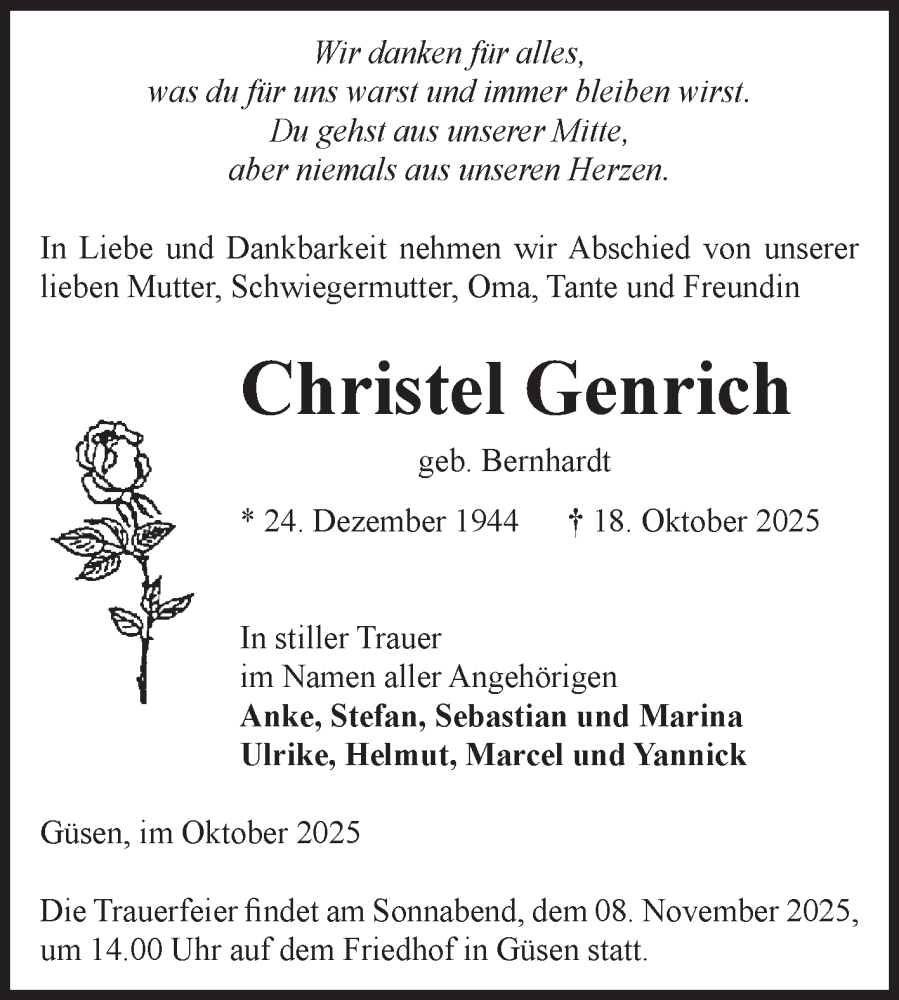 Traueranzeige für Christel Genrich vom 25.10.2025 aus Volksstimme Burg/Genthin
