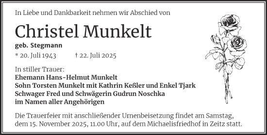 Traueranzeige von Christel Munkelt von Trauerkombi Zeitz