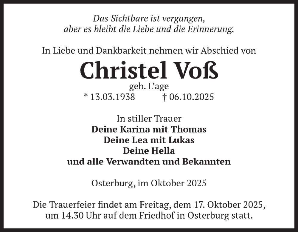  Traueranzeige für Christel Voß vom 11.10.2025 aus Volksstimme Altmark Ost