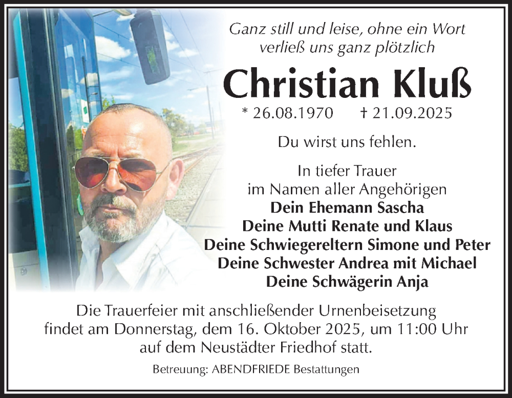  Traueranzeige für Christian Kluß vom 04.10.2025 aus Volksstimme Altmark Ost