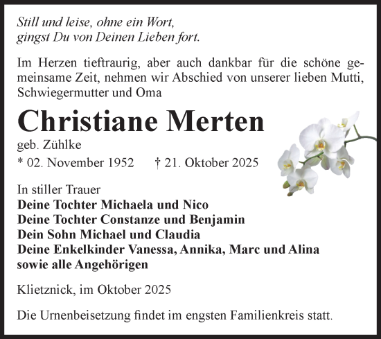 Traueranzeige von Christiane Merten von Volksstimme Burg/Genthin