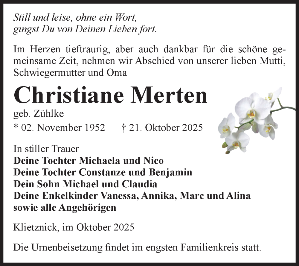  Traueranzeige für Christiane Merten vom 25.10.2025 aus Volksstimme Burg/Genthin